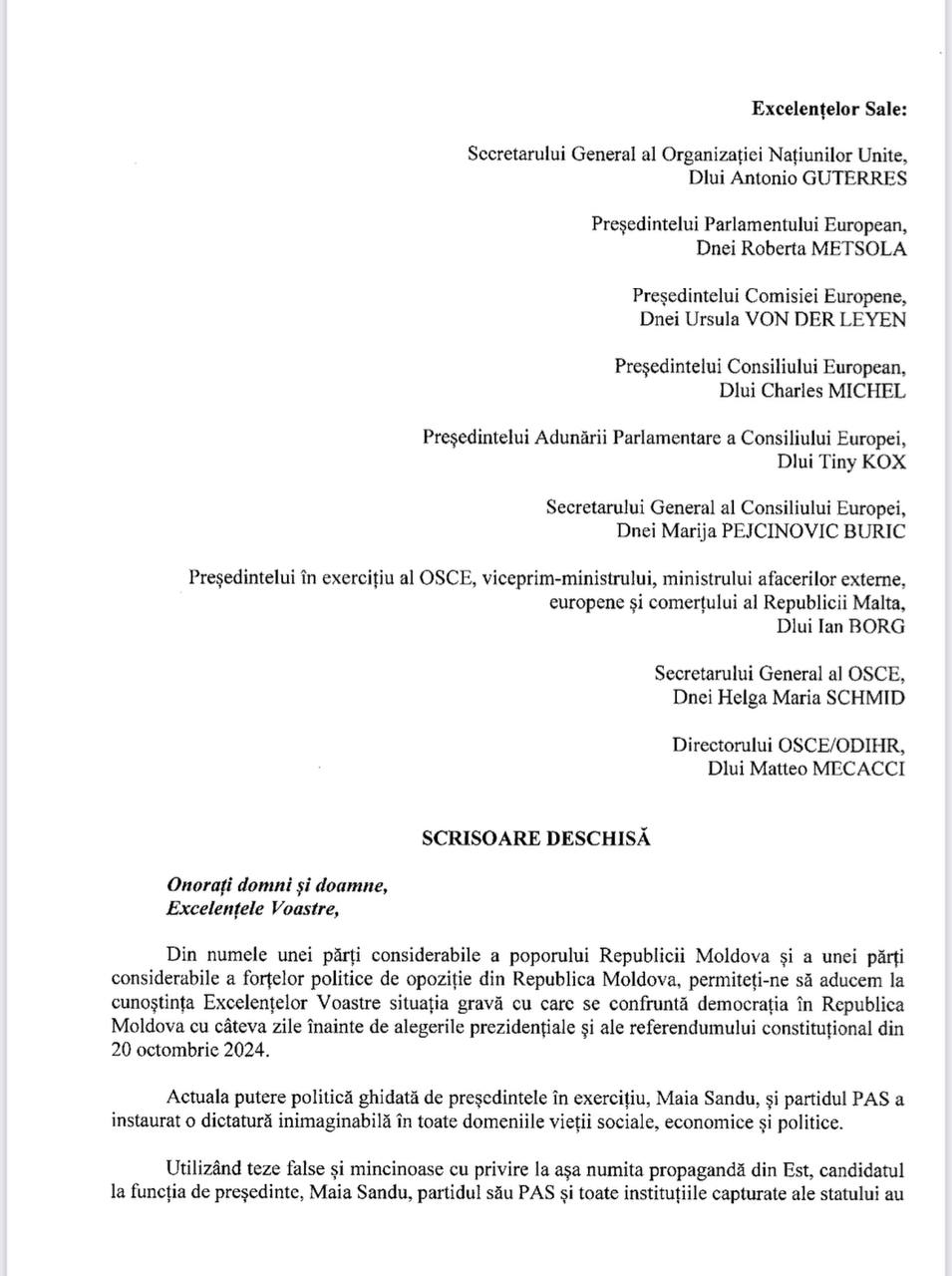 Adresarea personalităților politice și activiștilor civici ai Moldovei către organizațiile internaționale privind încălcarea tuturor principiilor democratice și ale alegerilor în Moldova